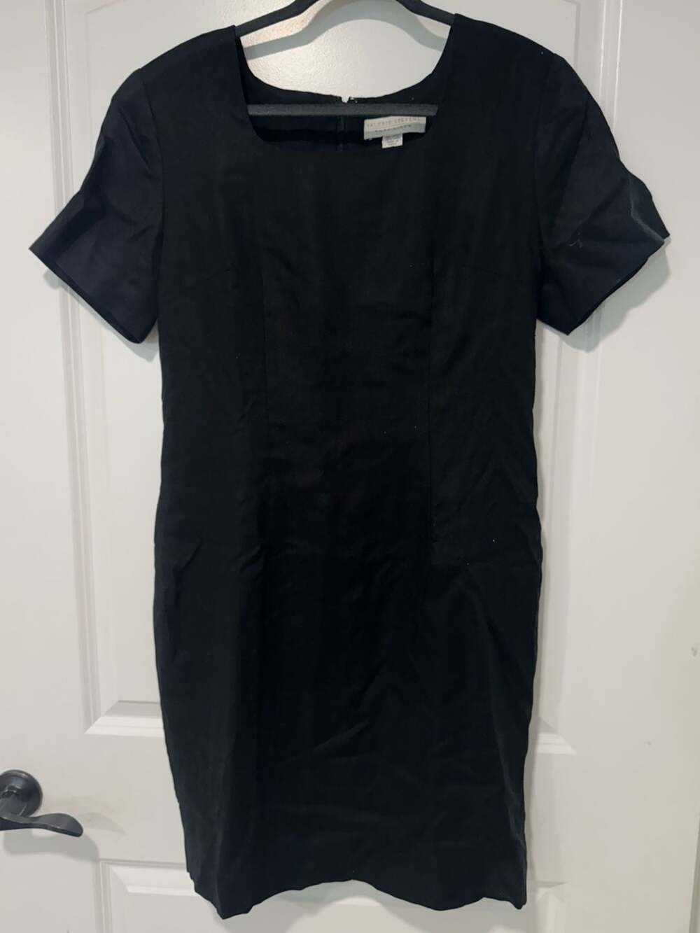 90s Minimalist Black Linen Shift Dress Square Neck Shoulder Pads Size 8